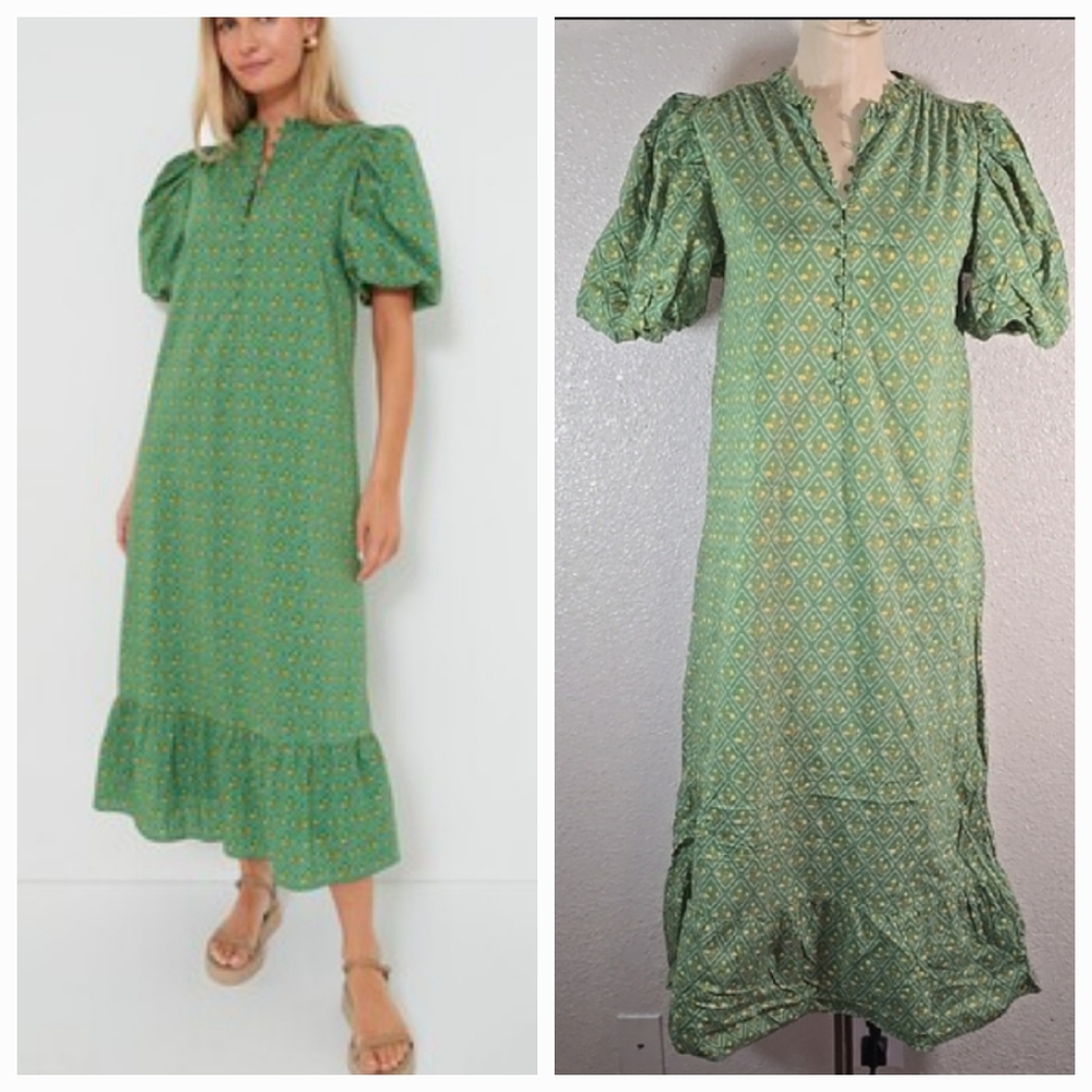 Green Puff-Sleeve Midi Dress - Casual Floral Print